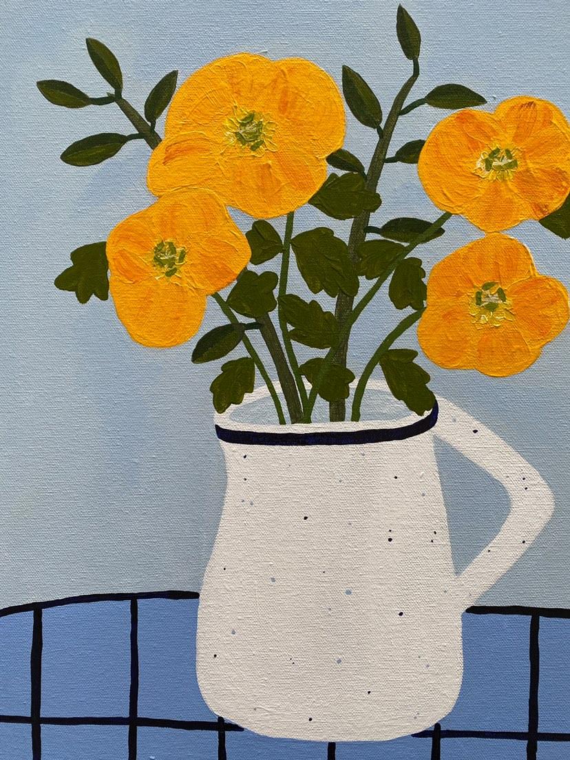 Orange Poppies On Blue Checks